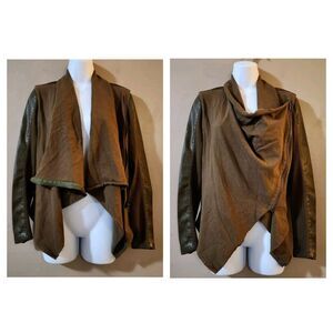 BLANK NYC Womens Faux Leather Mixed Media Moto Jacket XS Green Asymmetric Drape